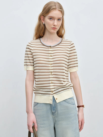 Brown Striped Short Sleeve Cardigan