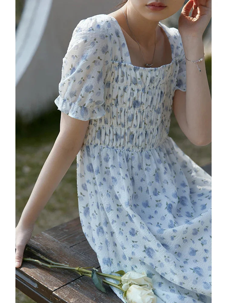 Blue Floral Square Neck Dress