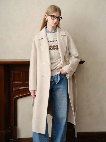 Ivory Belted Lapel Wool Coat