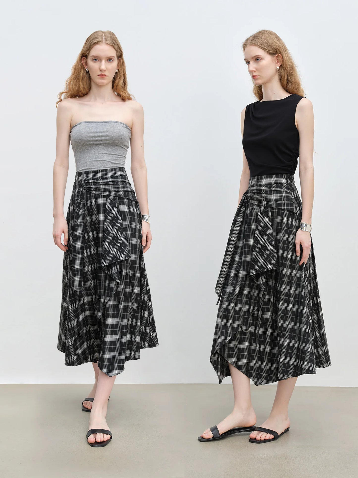 Plaid Asymmetric Draped Midi Skirt
