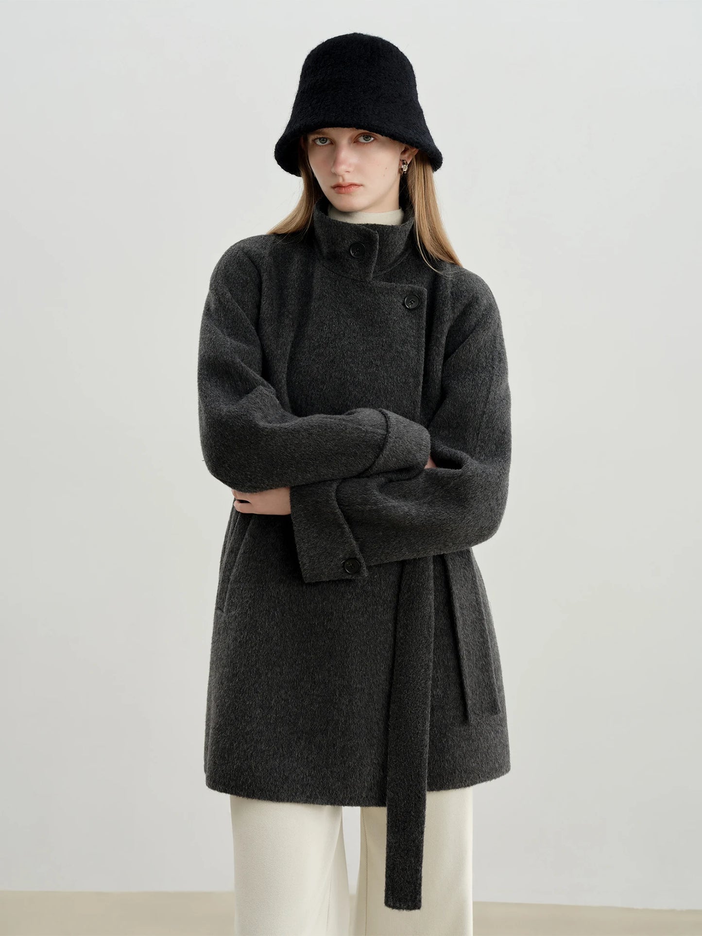 Grey Lace-Up Short Wool Coat