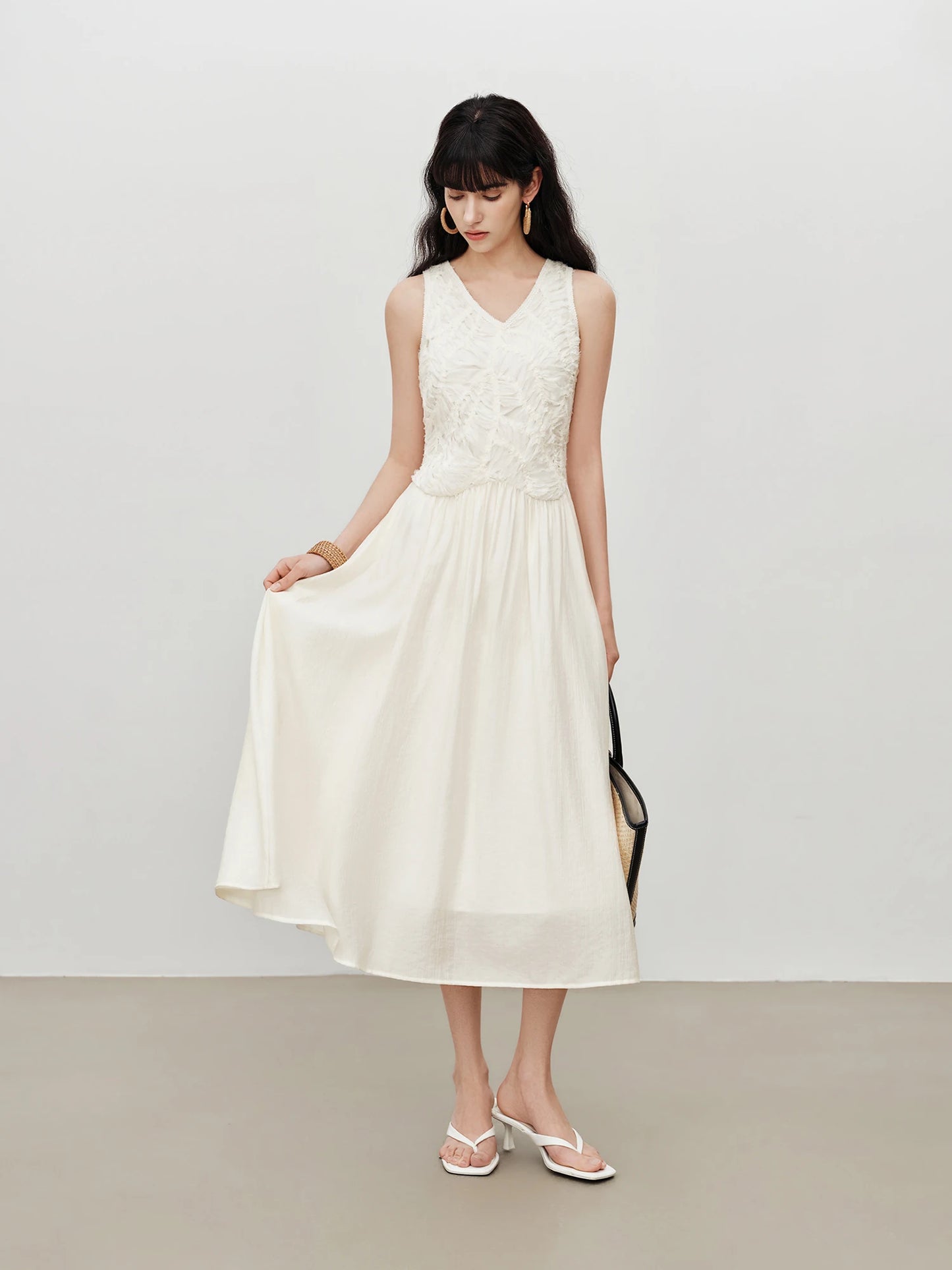 Ivory Embroidered V-Neck Midi Dress