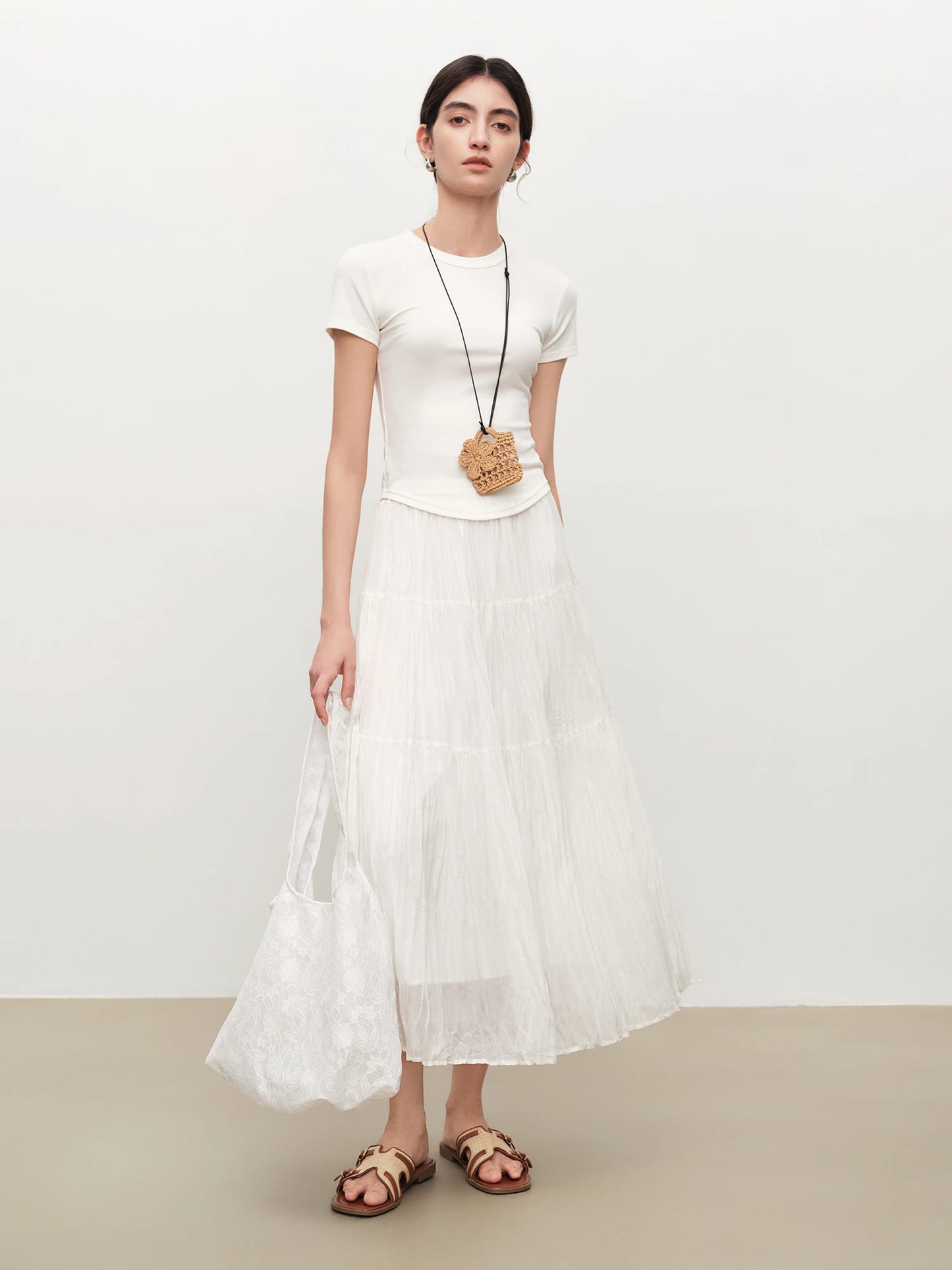 White Crinkled Tiered Maxi Skirt