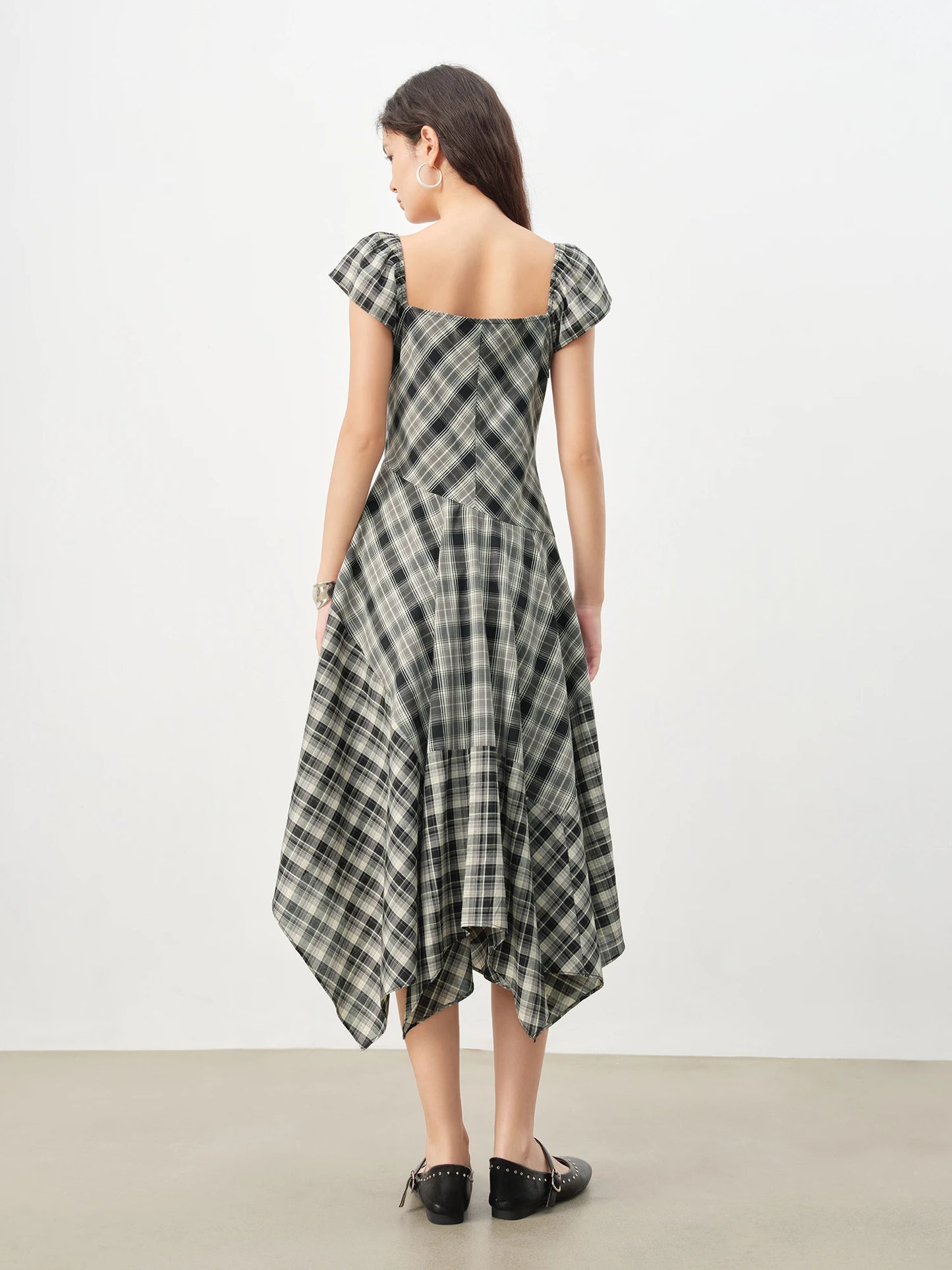 Plaid Asymmetric Midi Dress