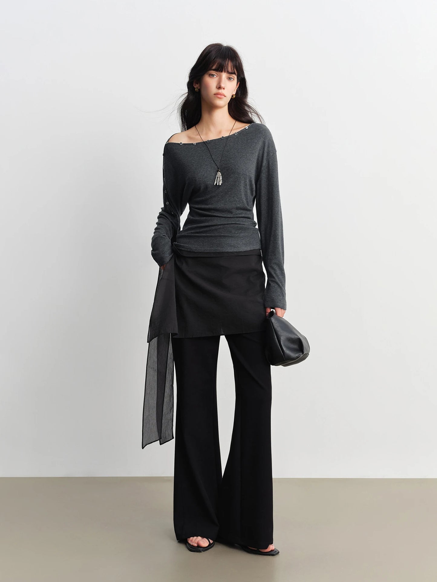 Charcoal Button Boat Neck Top