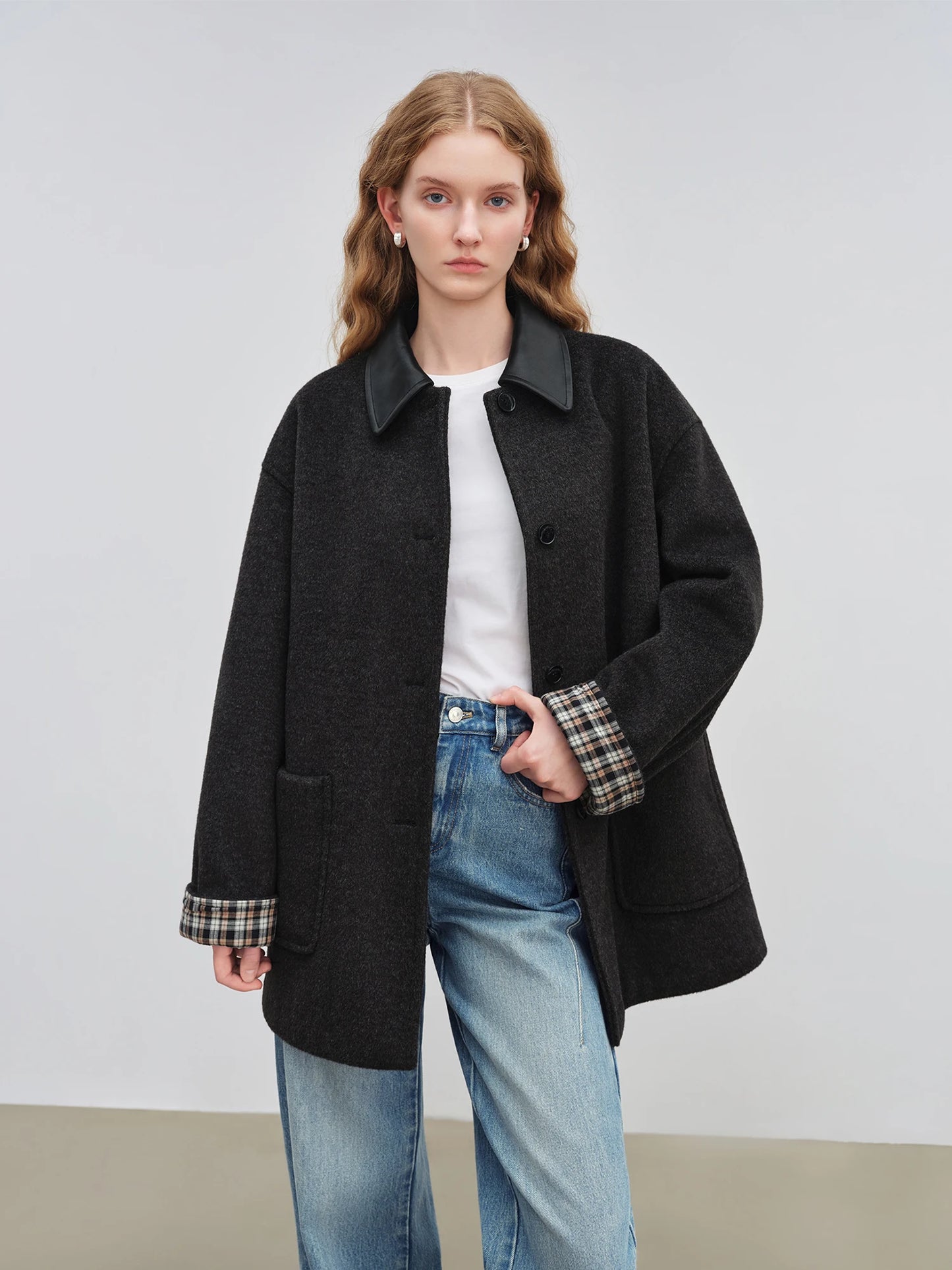 Black Leather Collar Wool Coat