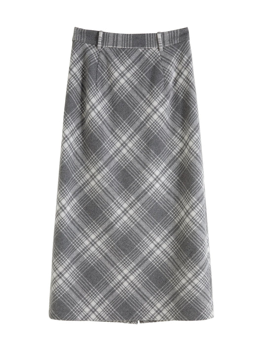 Grey Plaid Straight Midi Skirt