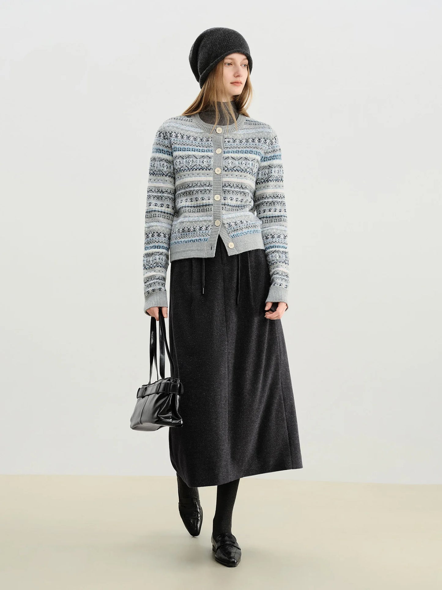 Charcoal Wool Drawstring Midi Skirt