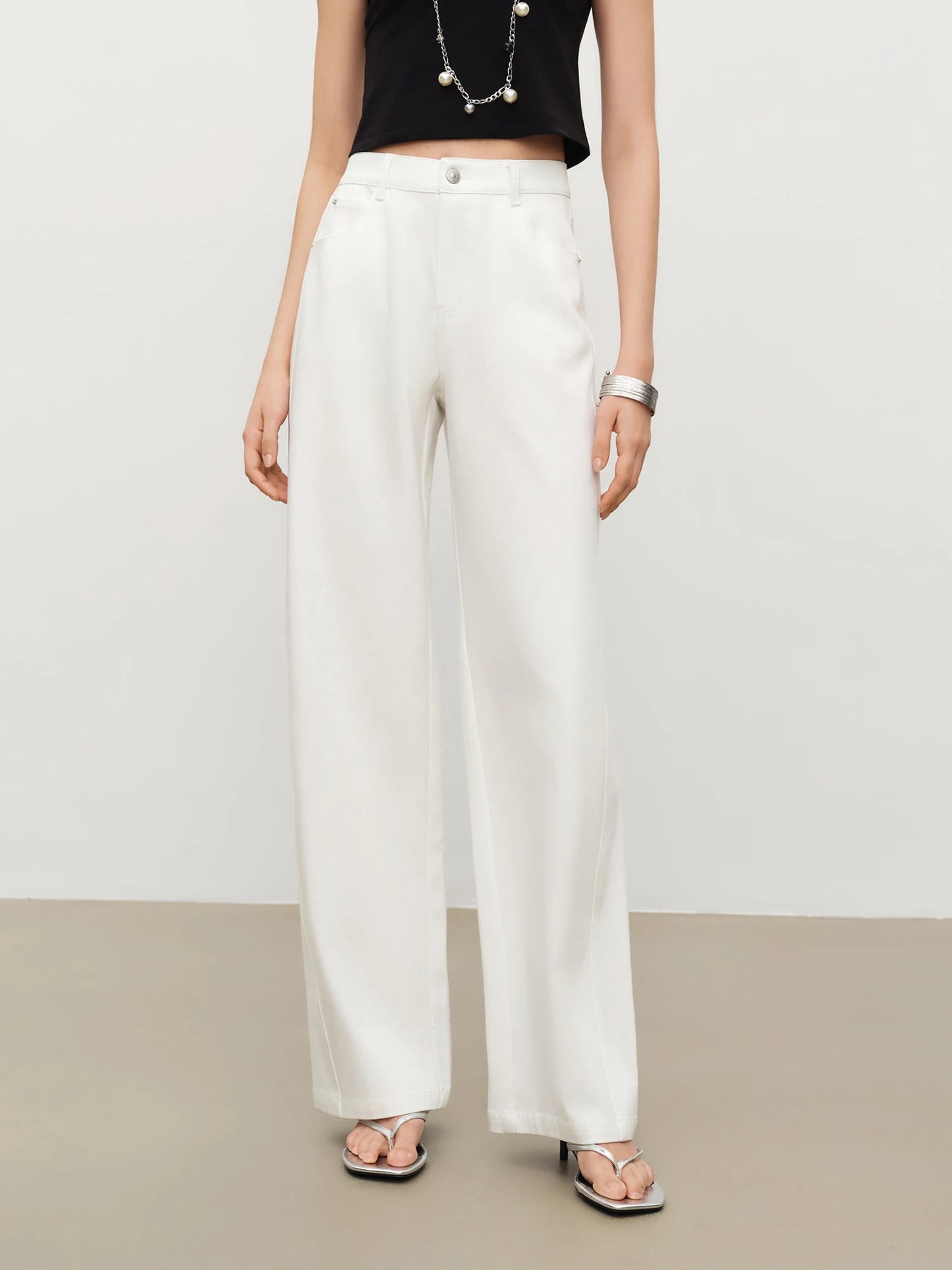 Ivory Textured Straight Leg Pants