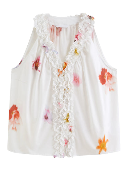 White Floral Embroidered Sleeveless Blouse