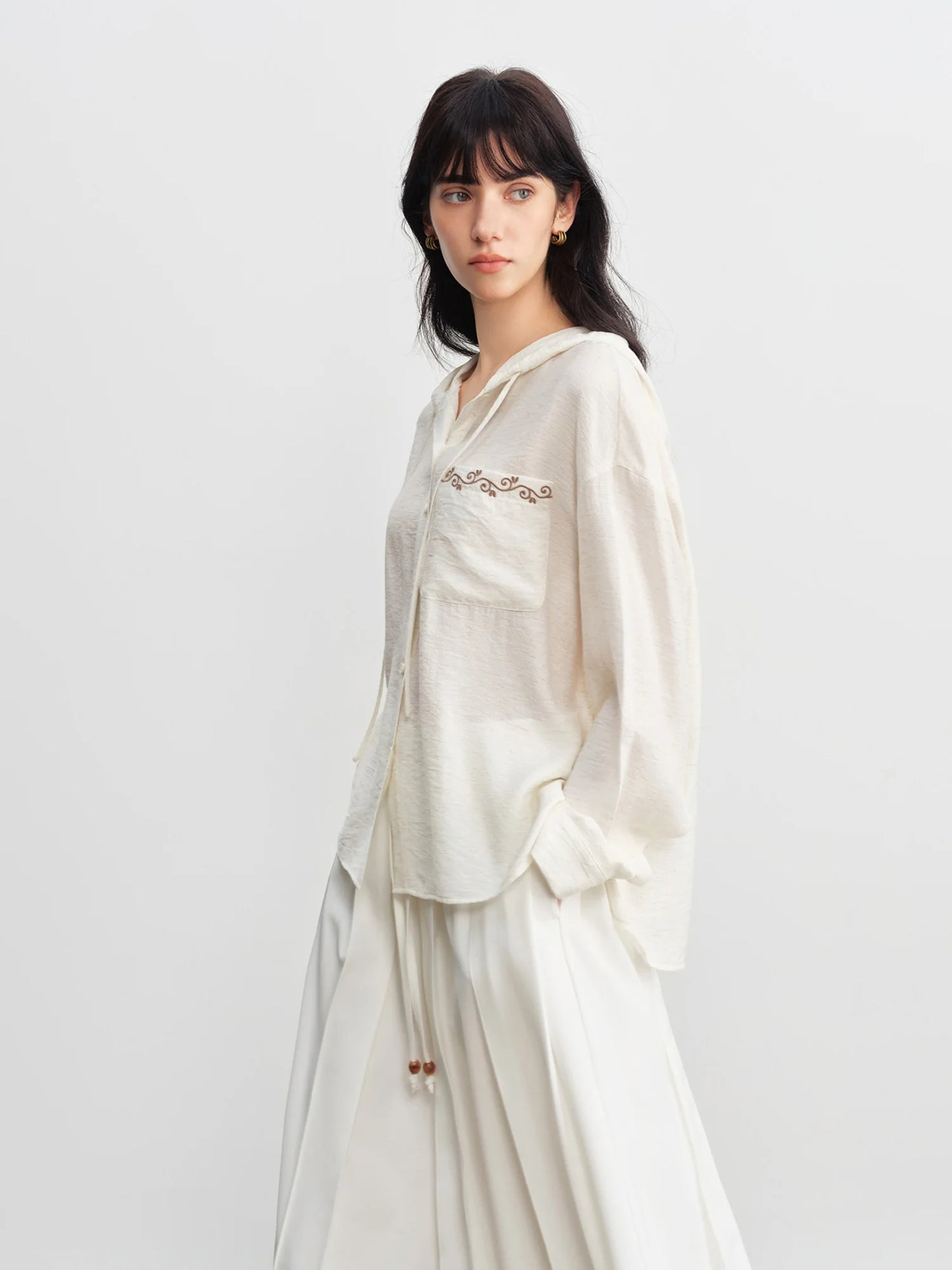 Ivory Embroidered Hooded Blouse