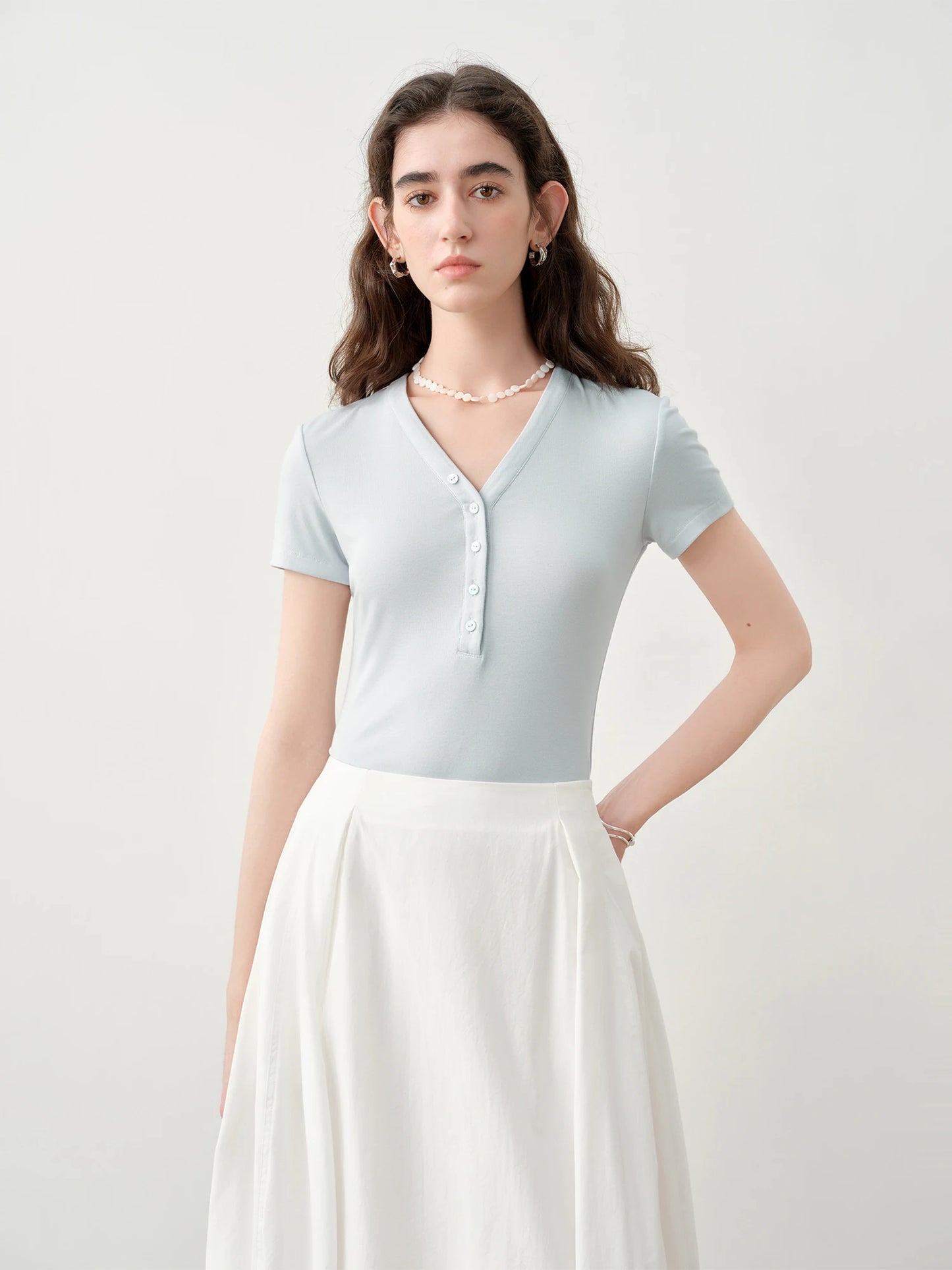 Pale Blue Button V-Neck Tee