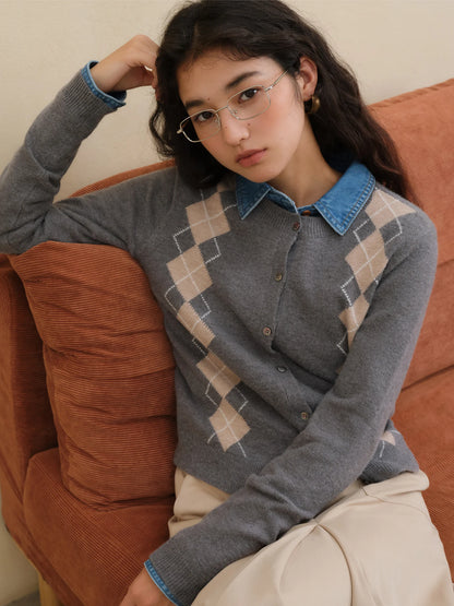 Grey Argyle Button Knit Cardigan