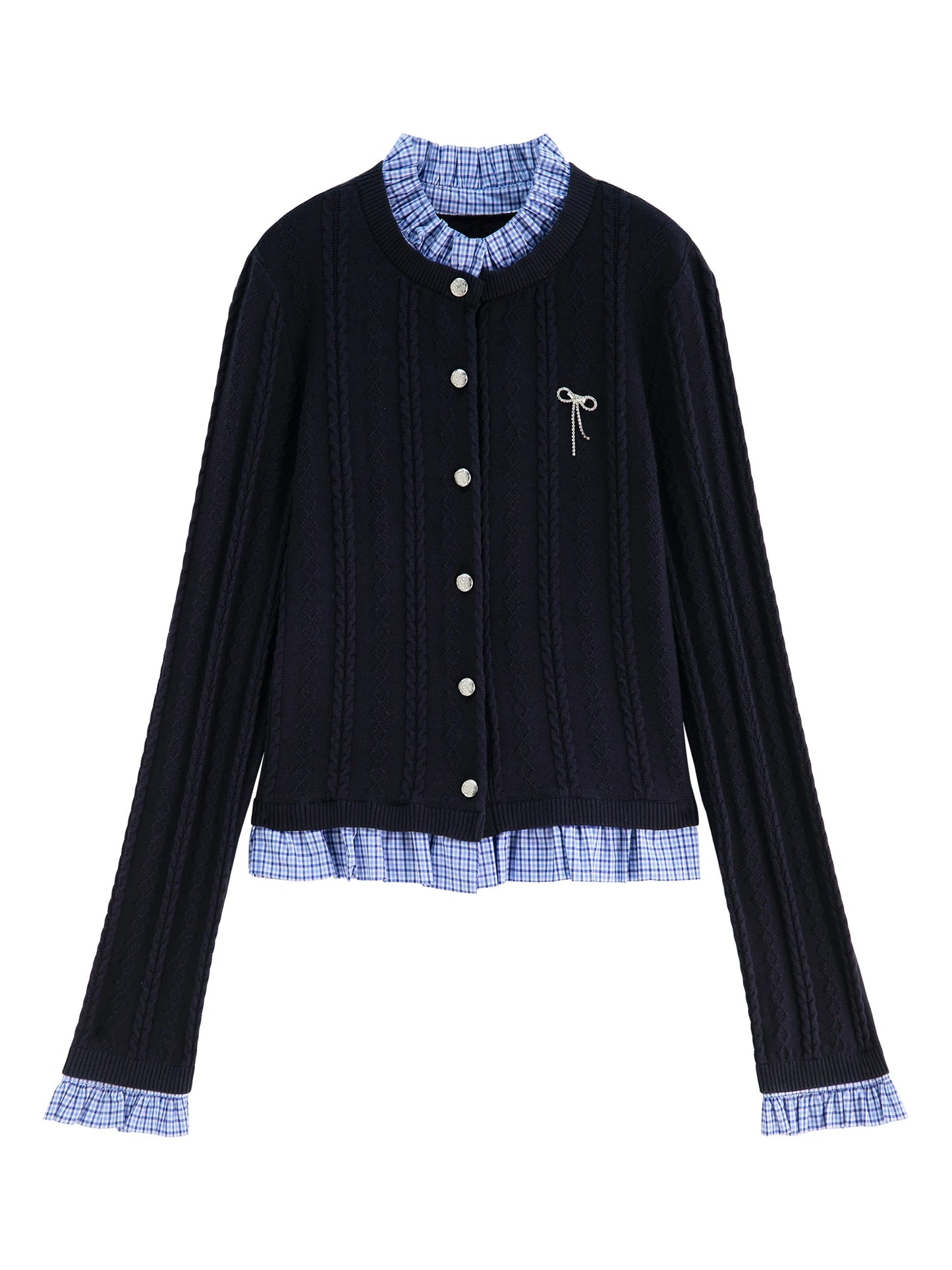Navy Plaid Collar Knit Cardigan