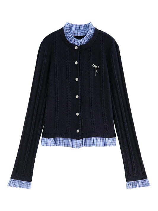Navy Plaid Collar Knit Cardigan