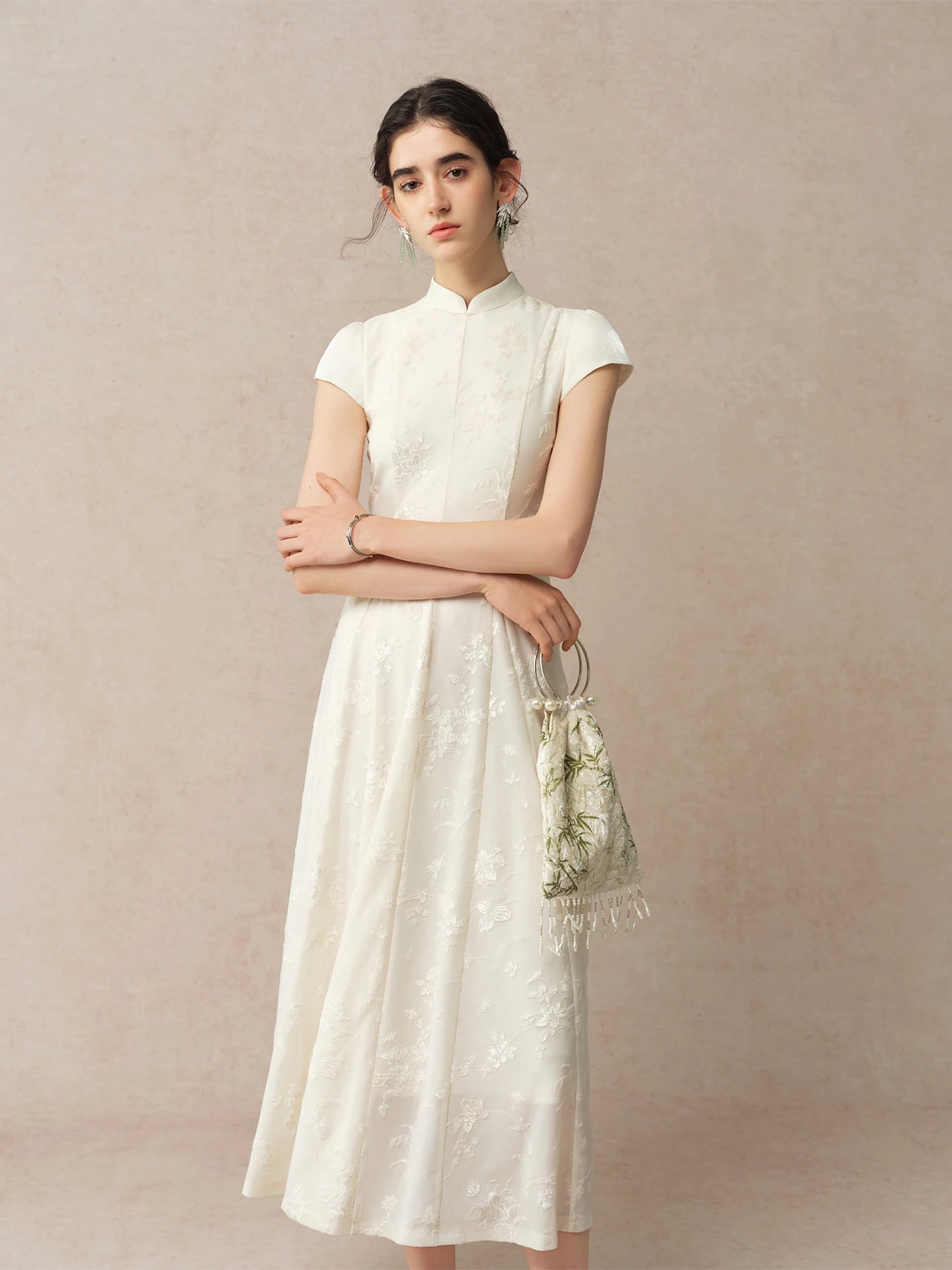 Ivory Jacquard Qipao Midi Dress