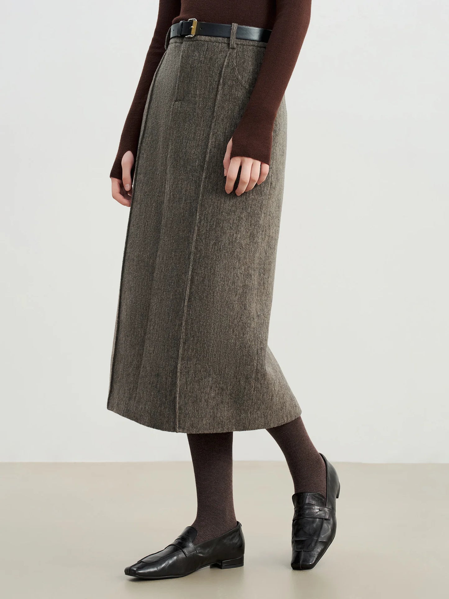 Taupe Wool Straight Midi Skirt