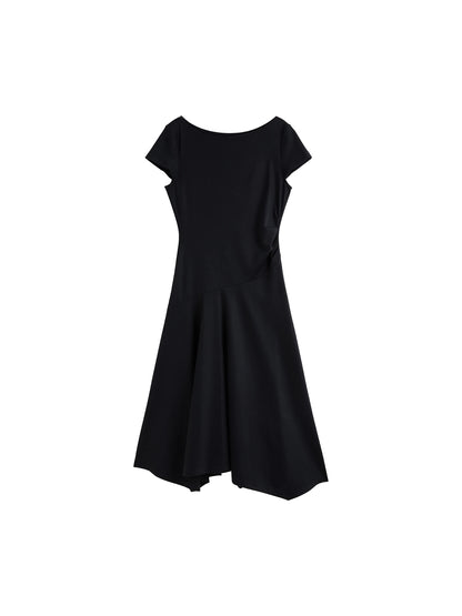 Black Asymmetric Draped Midi Dress