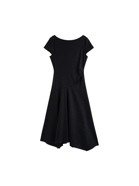 Black Asymmetric Draped Midi Dress