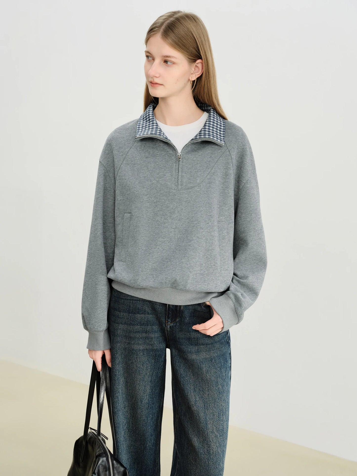 Ivory Plaid Collar Zip Sweatshirt