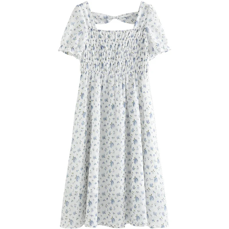 Blue Floral Square Neck Dress