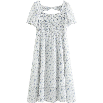 Blue Floral Square Neck Dress