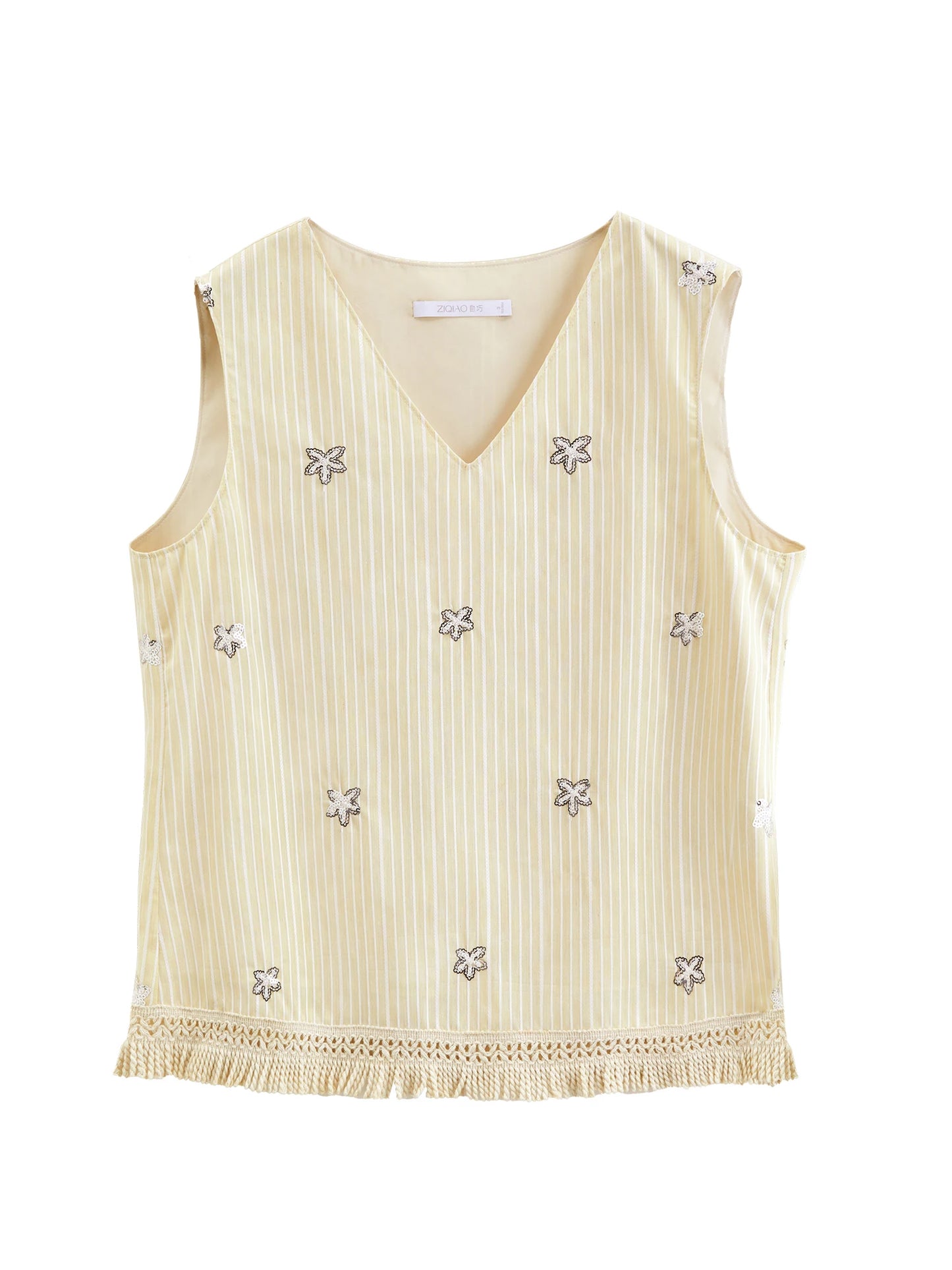 Ivory Beaded Striped Sleeveless Vest
