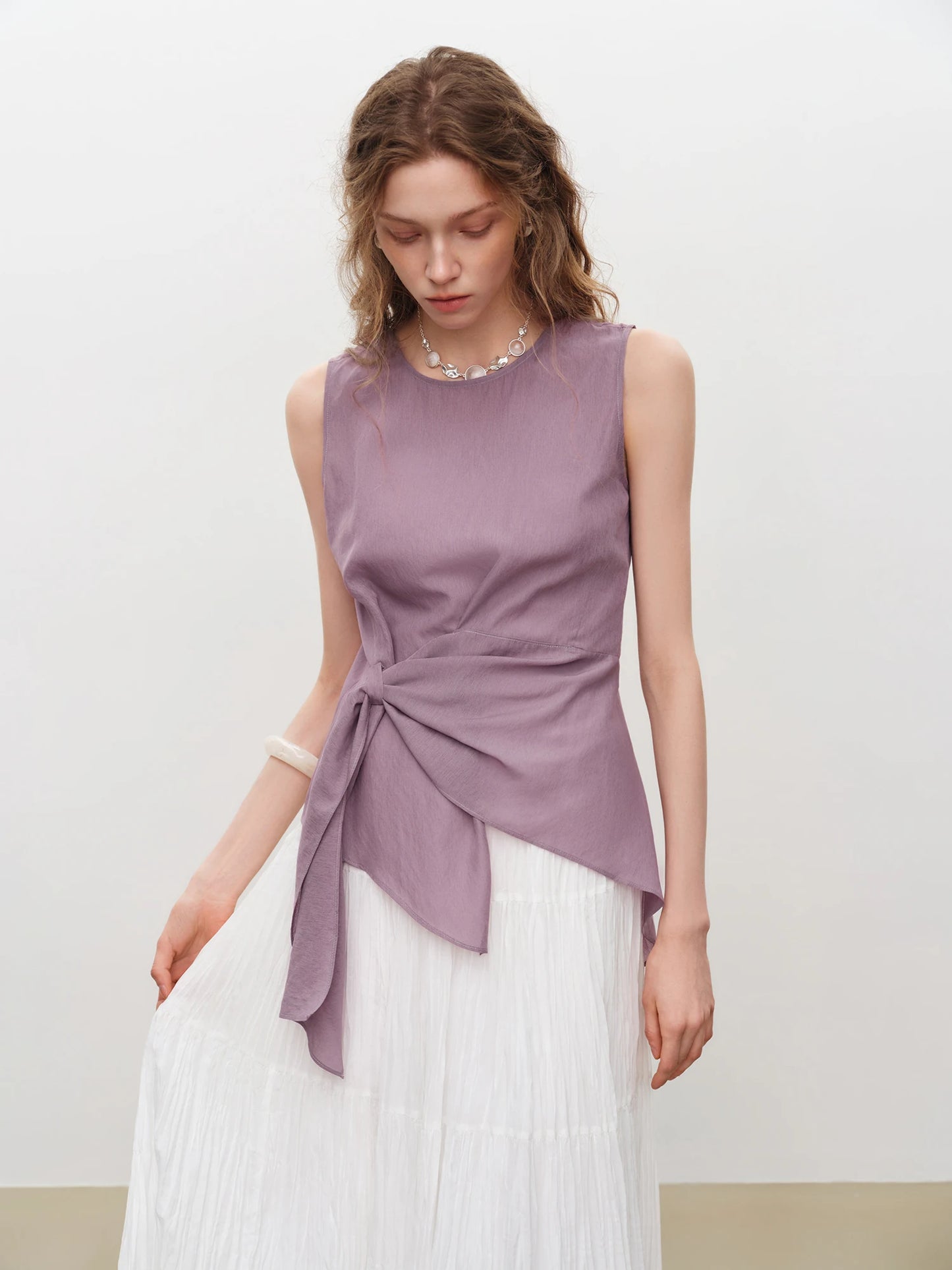 Mauve Tie Waist Sleeveless Blouse