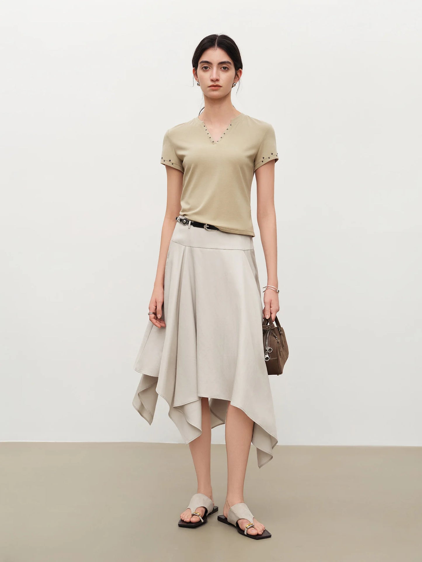 Draped Asymmetric A-Line Midi Skirt