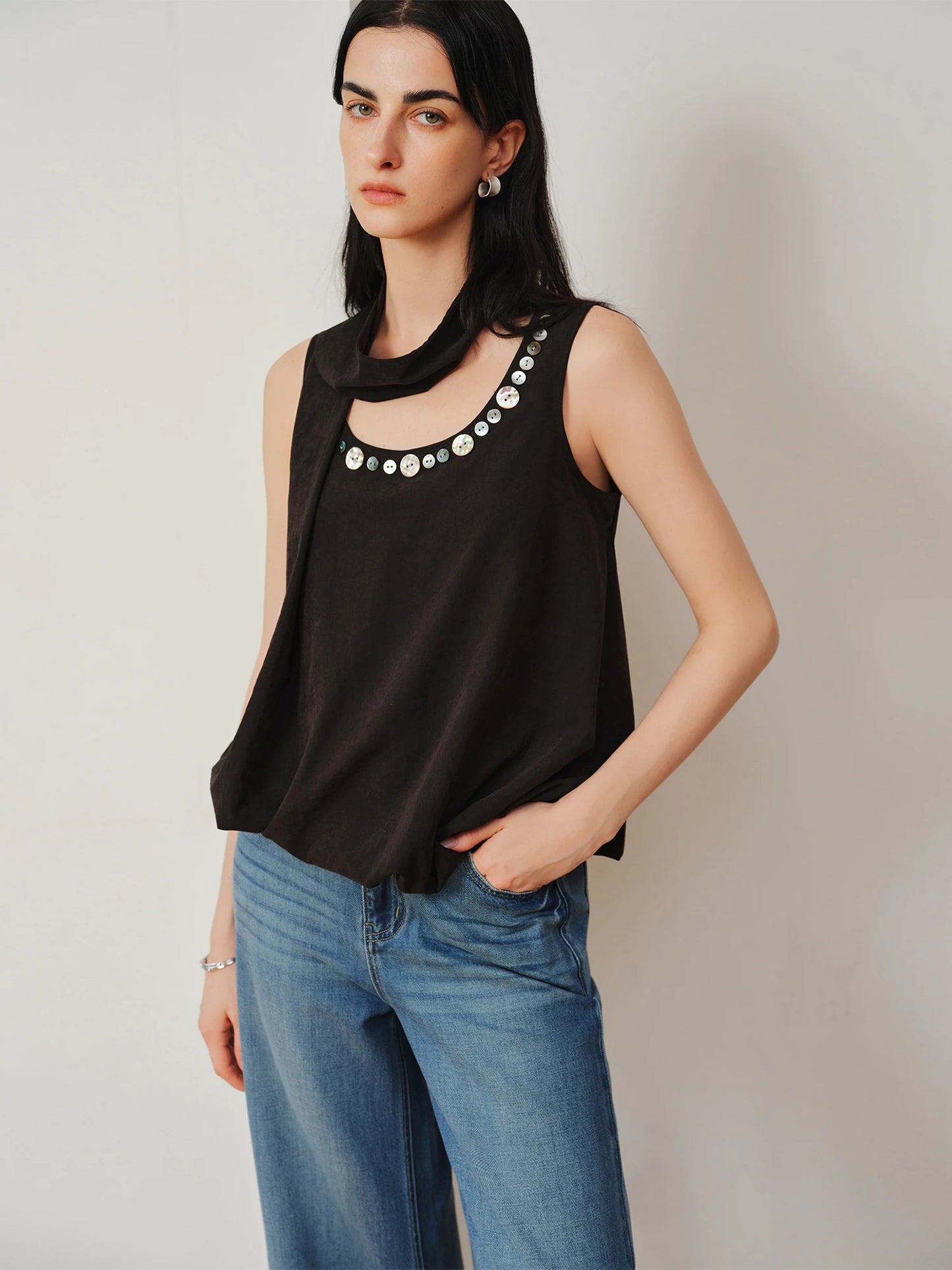 Ivory Beaded Draped Sleeveless Blouse