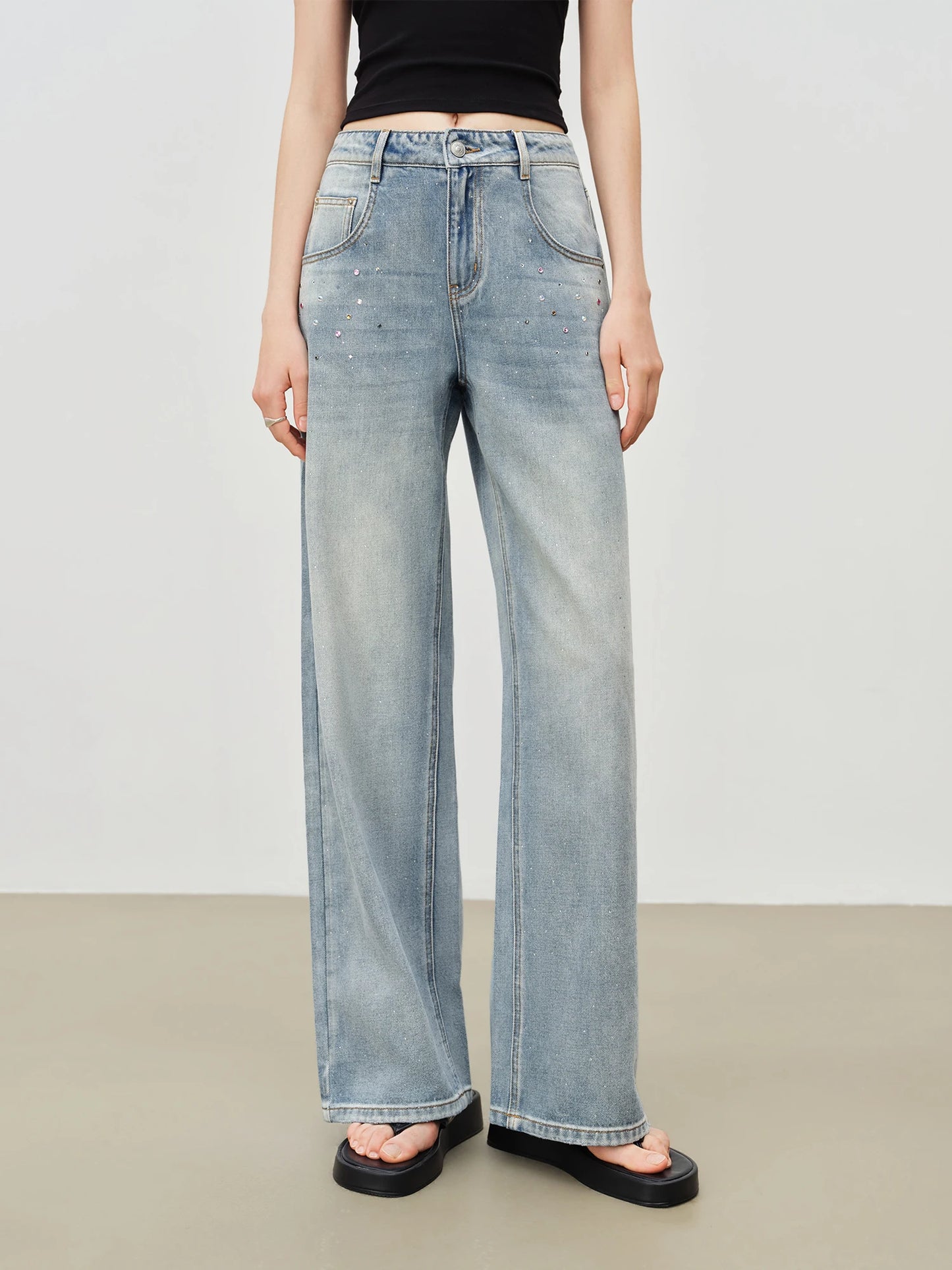 Light Blue Rhinestone Wide Jeans