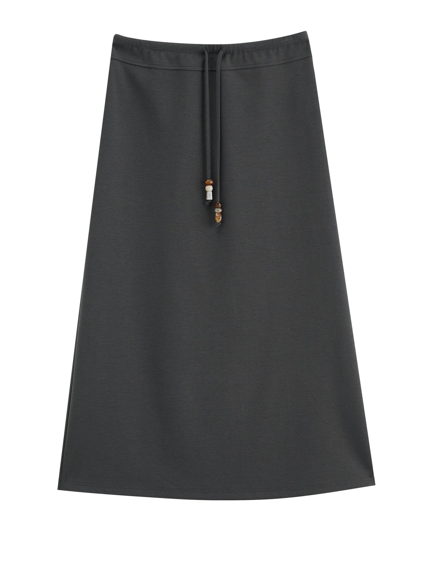 Grey Beaded Drawstring Midi Skirt
