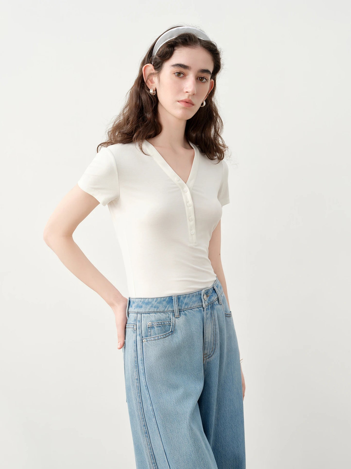 Pale Blue Button V-Neck Tee