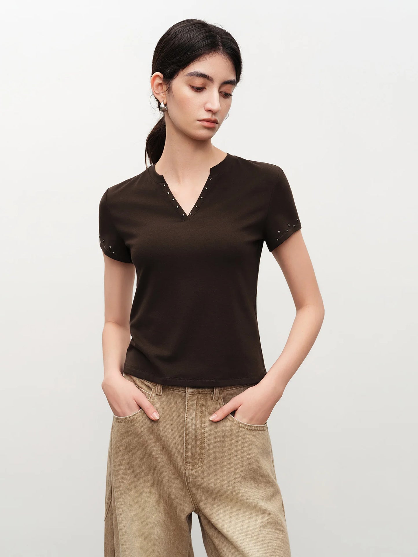 Brown Studded V-Neck Tee