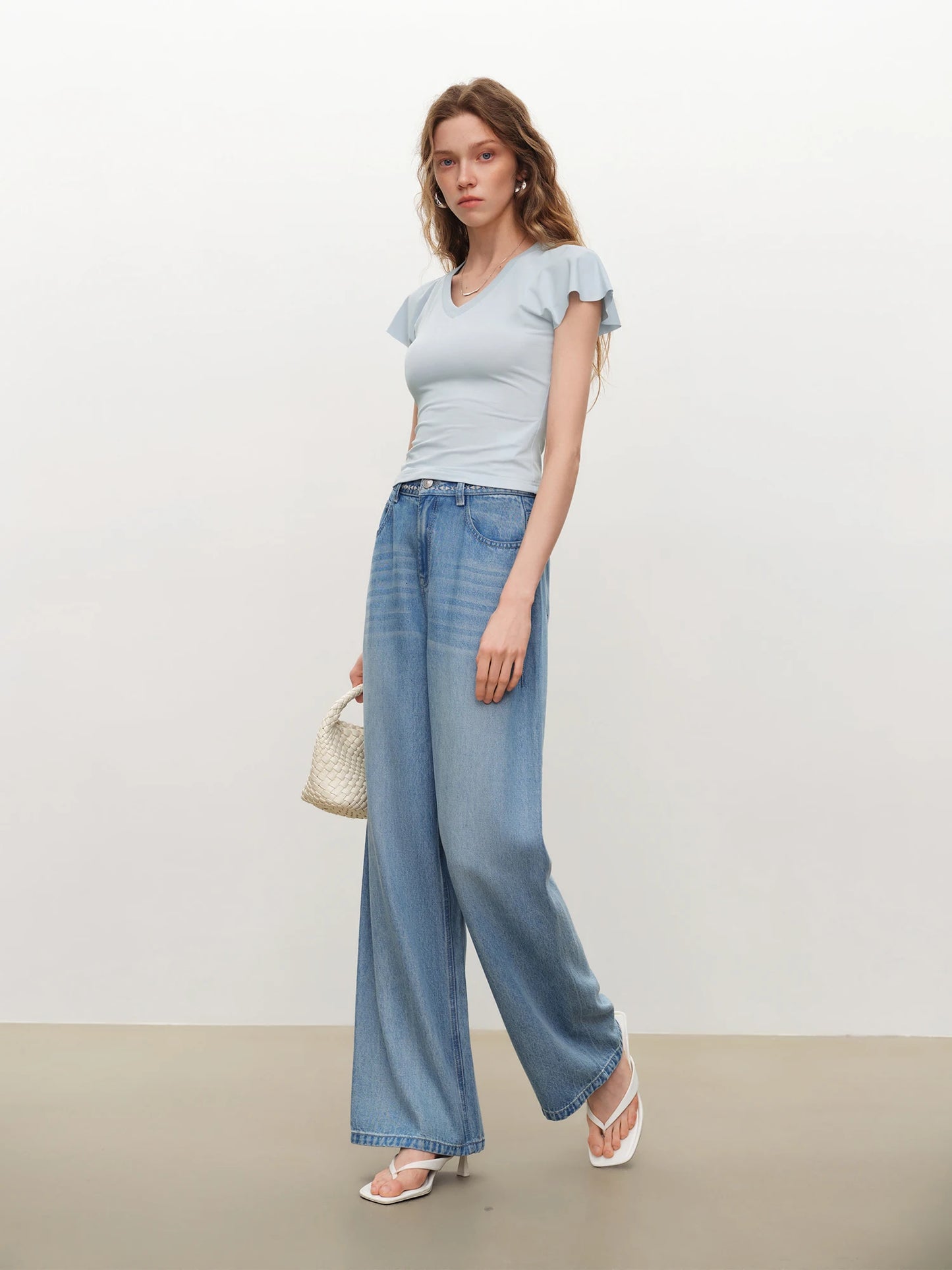 Light Blue Embroidered Wide Leg Jeans