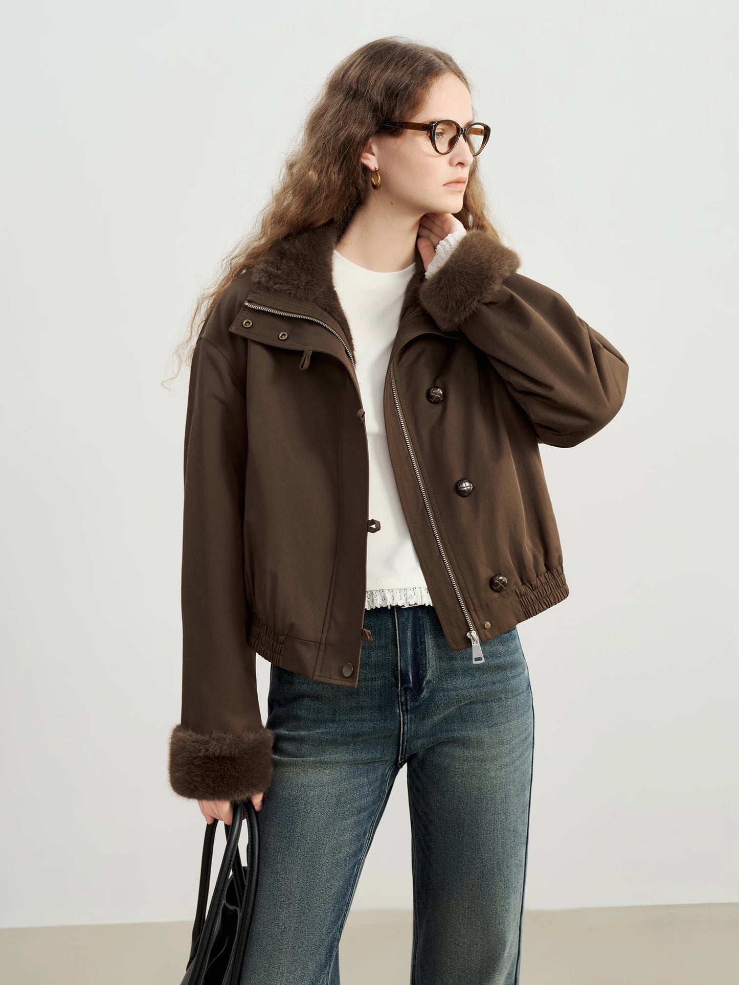 Brown Fur Trim Bomber Jacket