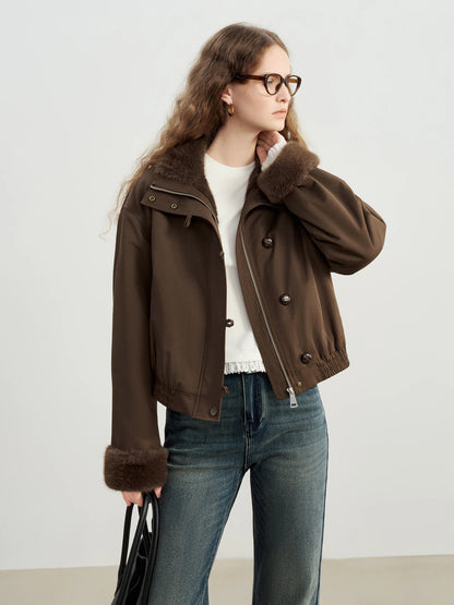 Brown Fur Trim Bomber Jacket