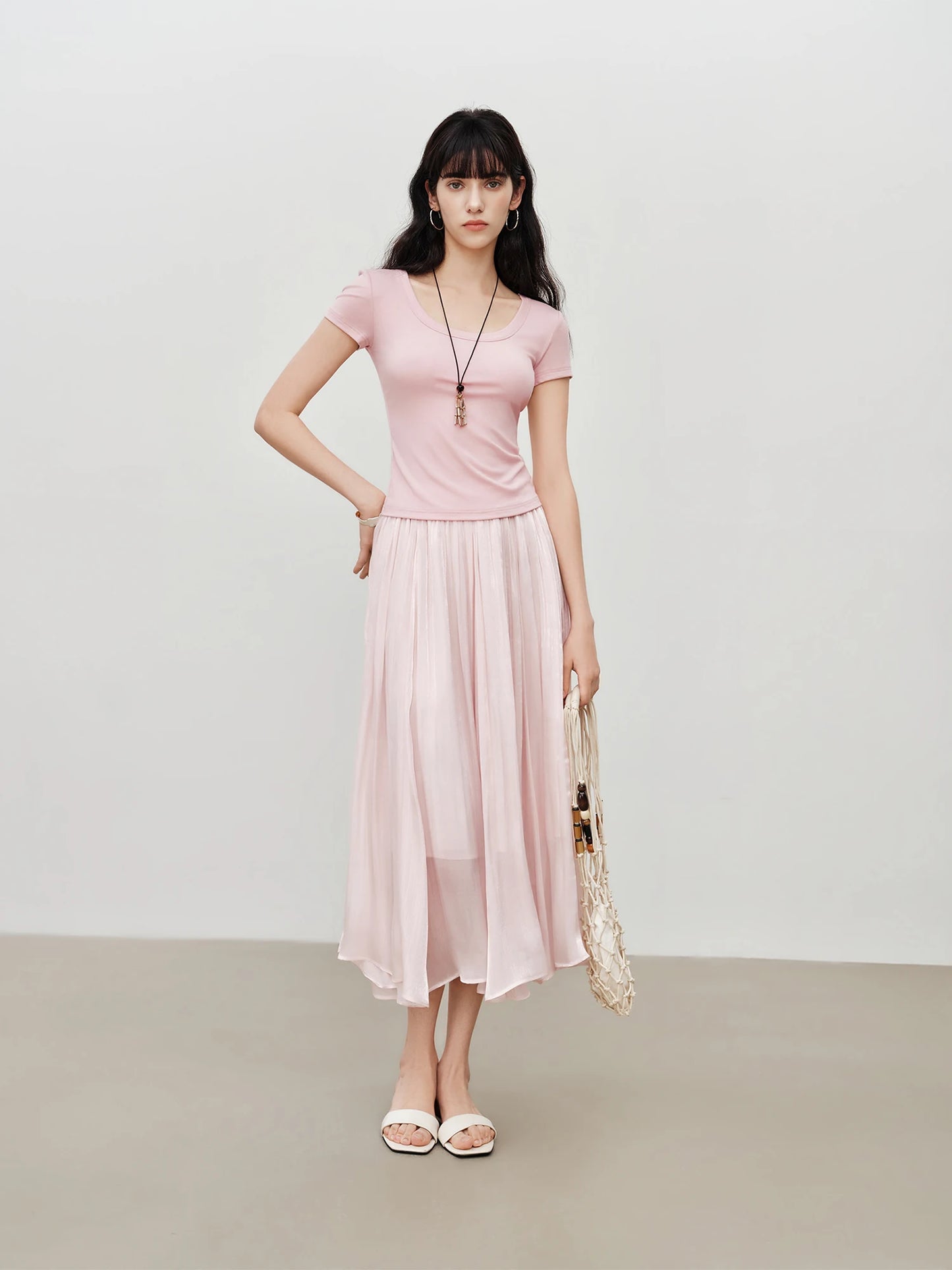 Pale Pink Satin Maxi Skirt