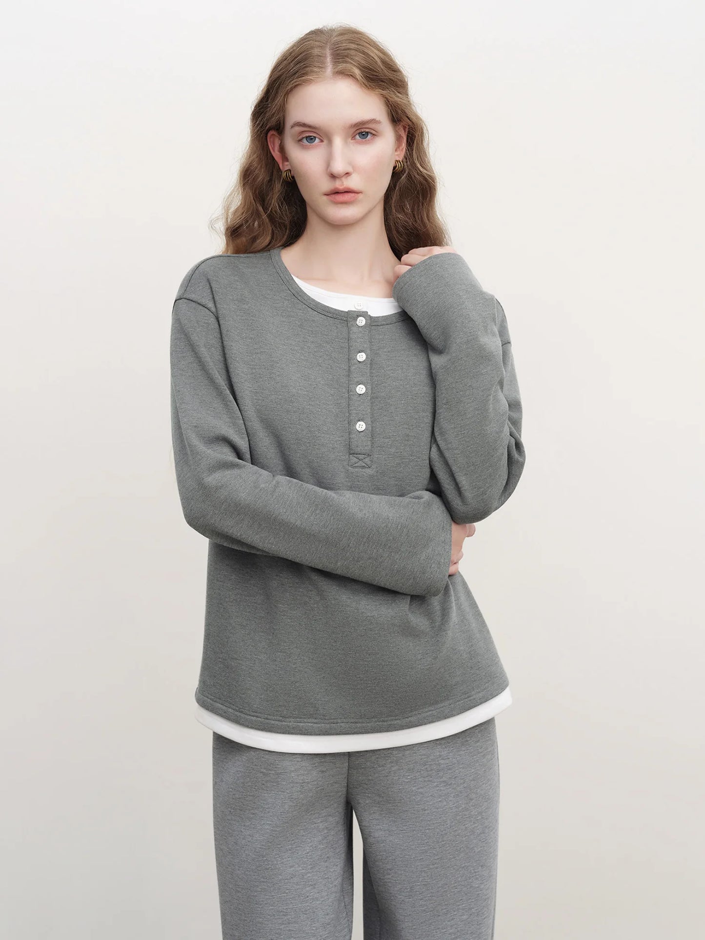 Black Layered Henley Long Sleeve Top