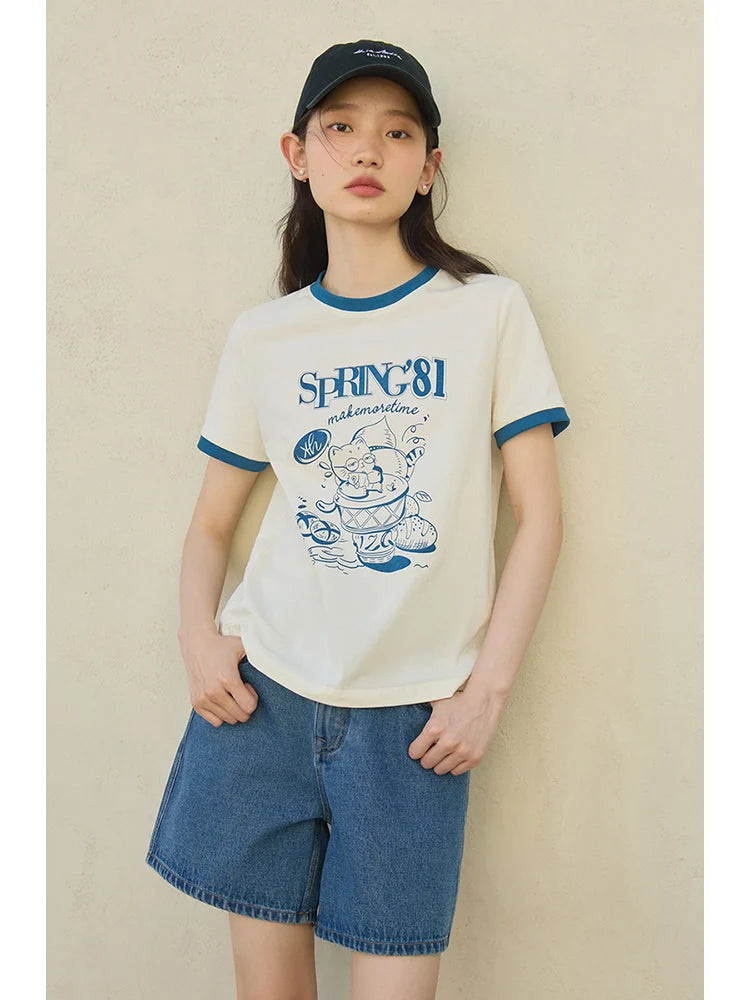 Cream Contrast Trim Graphic Tee