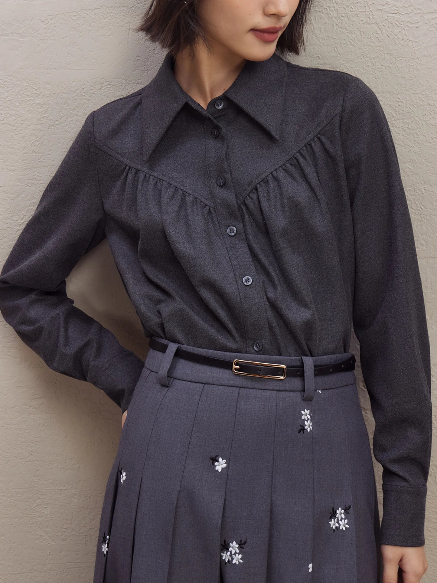 Black Pleated Lapel Shirt