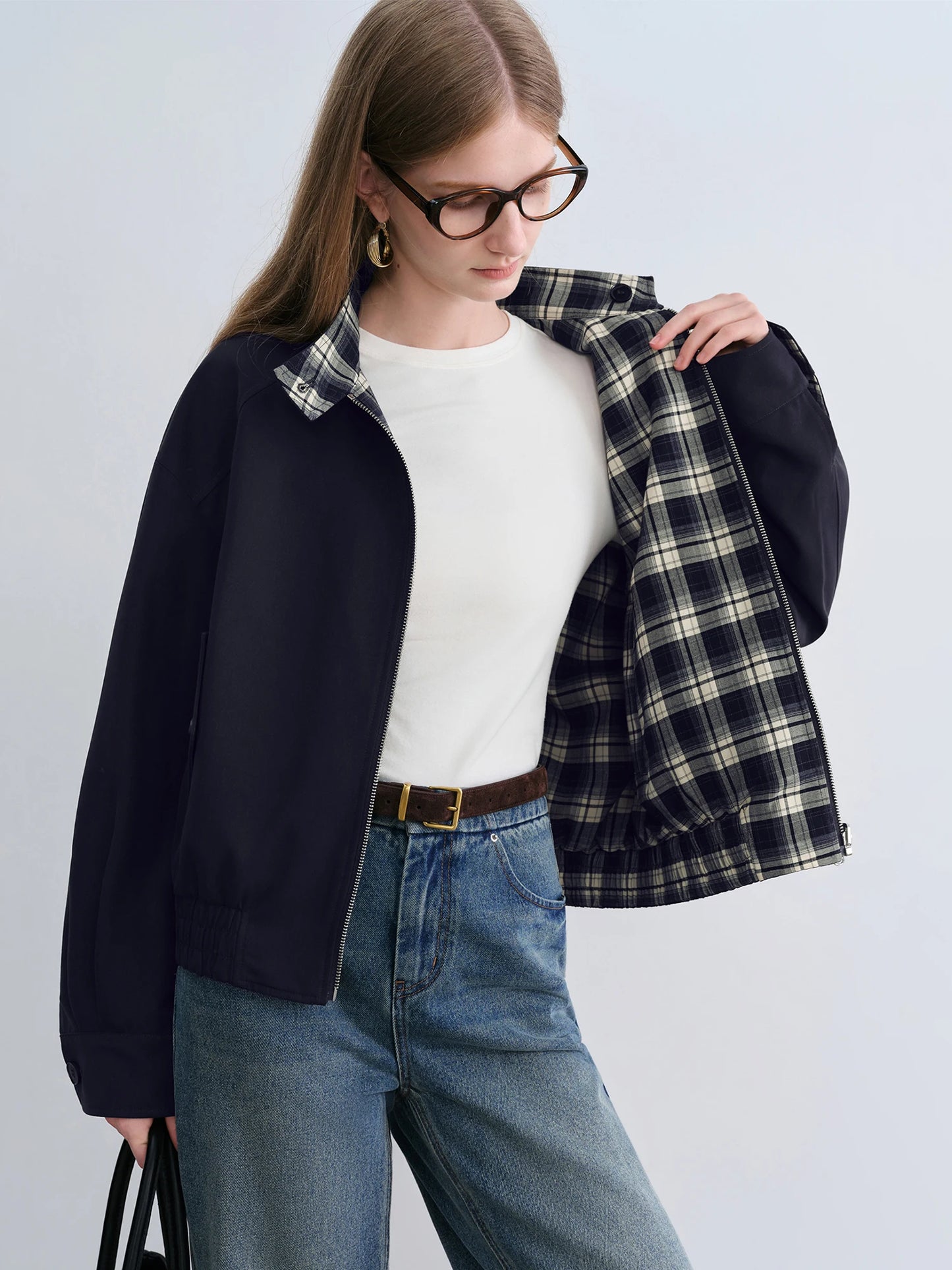 Navy Plaid Zip Short Jacket