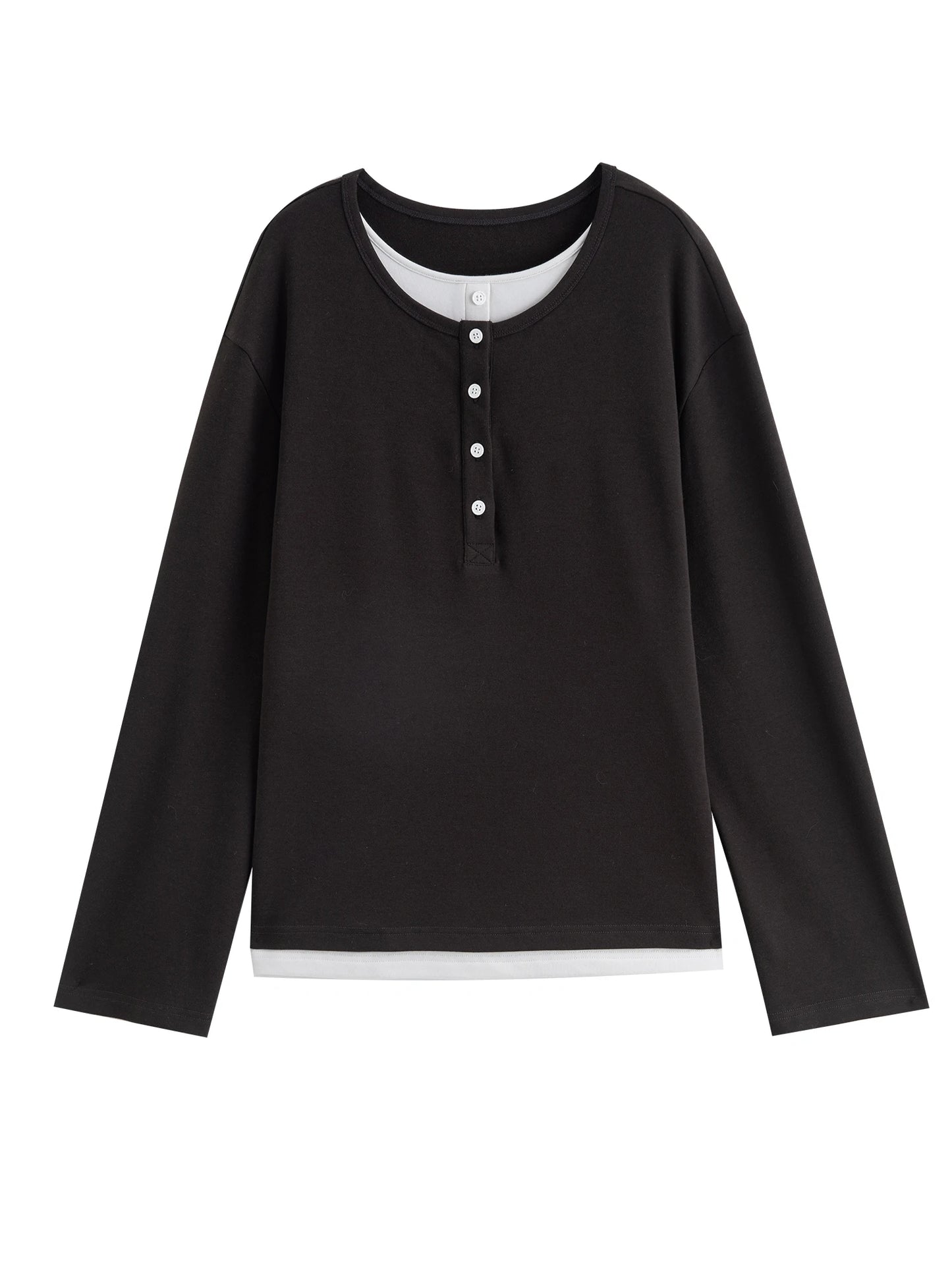 Black Layered Henley Long Sleeve Top