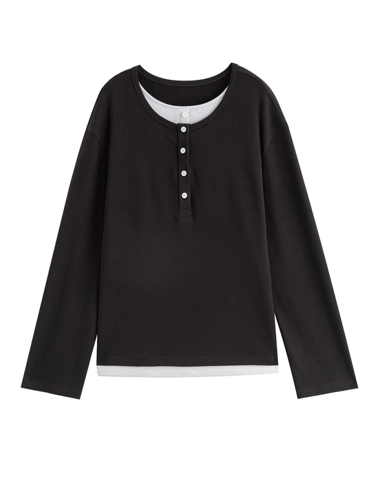 Black Layered Henley Long Sleeve Top
