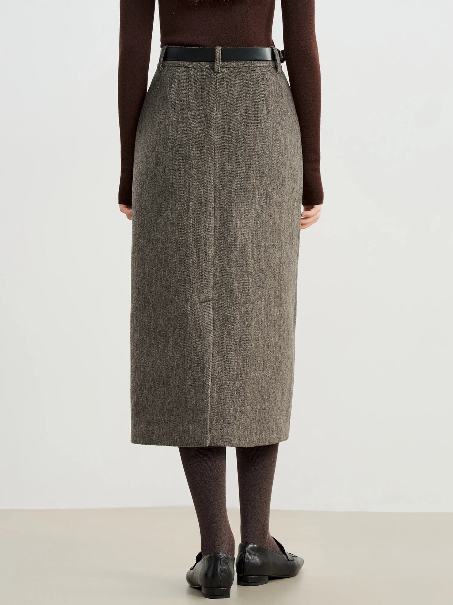 Taupe Wool Straight Midi Skirt