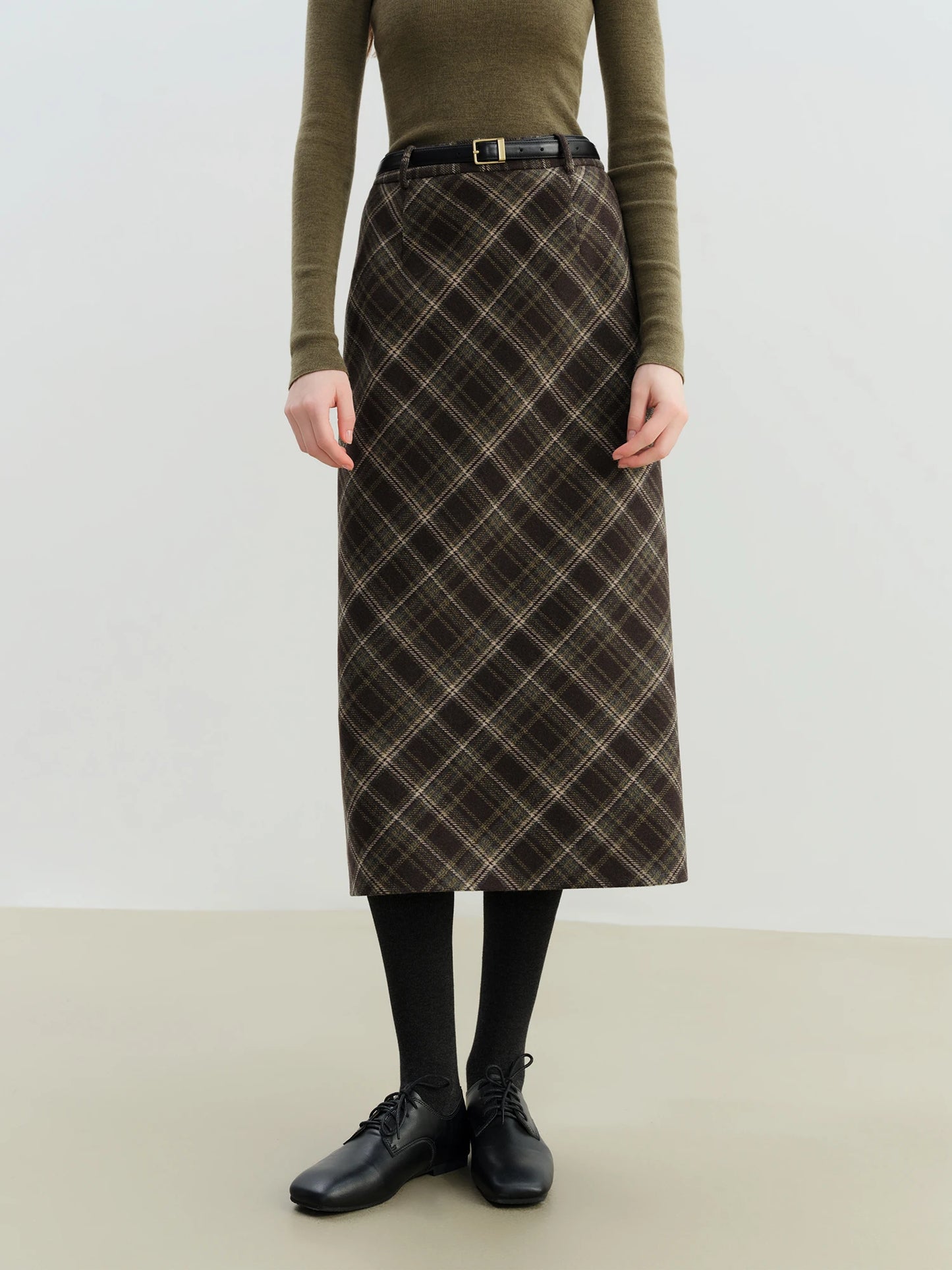 Plaid Wool Blend Straight Midi Skirt