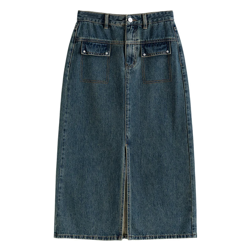 Washed Denim Straight Slit Skirt