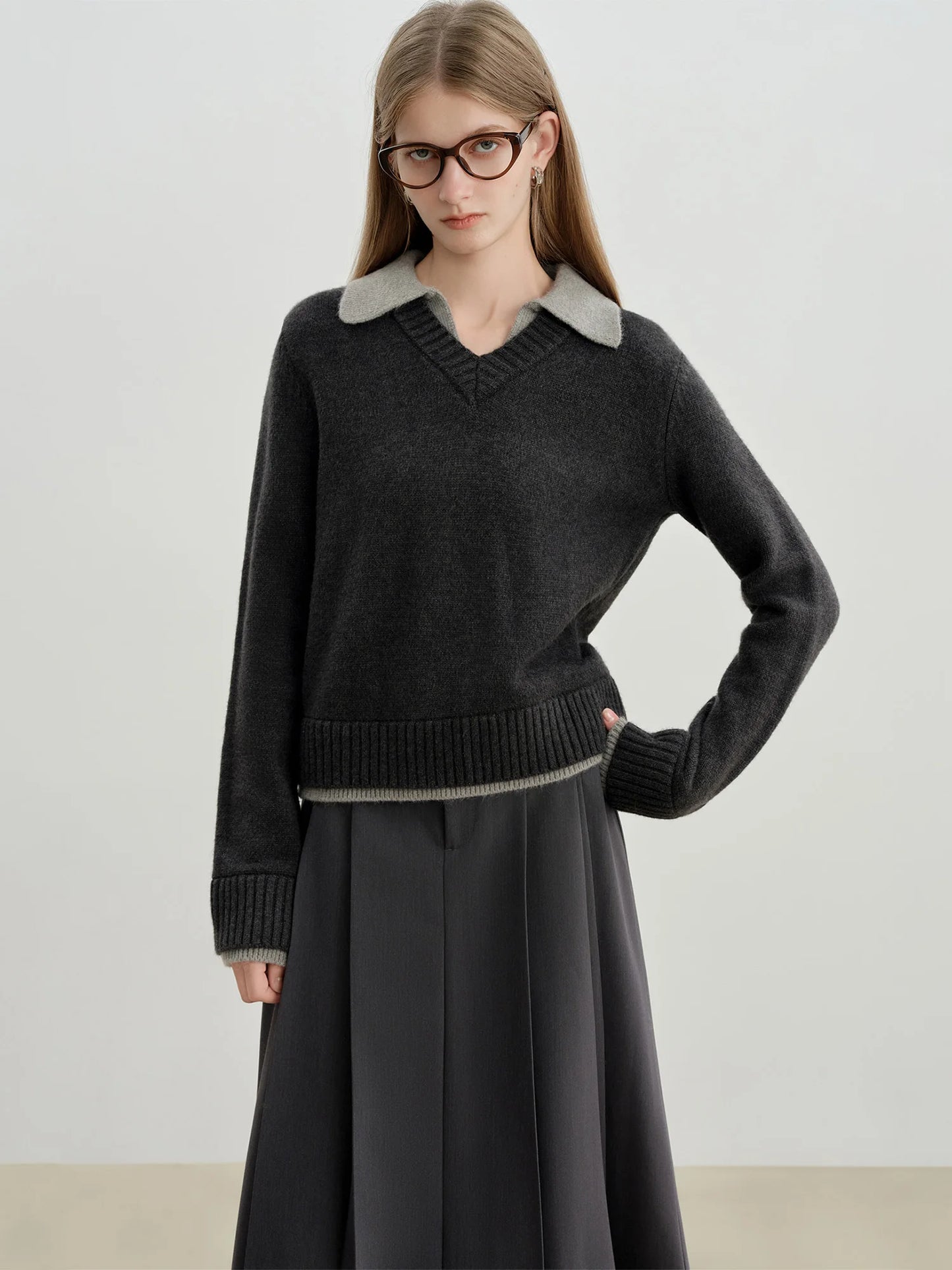 Black Contrast Collar Knit Sweater