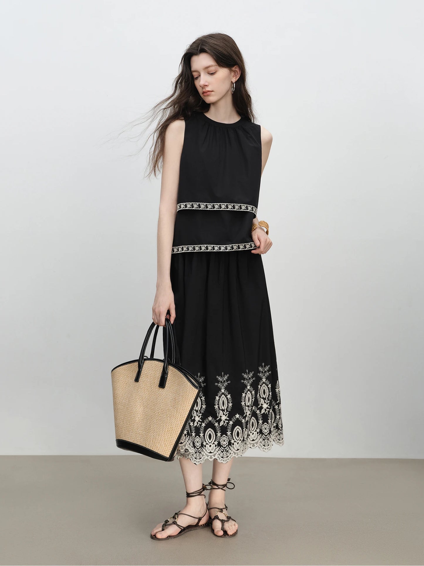 Black Embroidered Tank Skirt Set