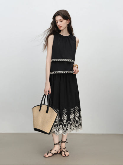 Black Embroidered Tank Skirt Set